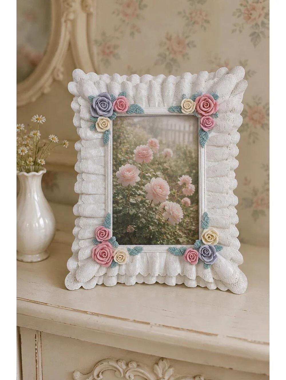 Vintage 1991 FIGI Lace Rose Picture Frame 4x6 Cottagecore Floral